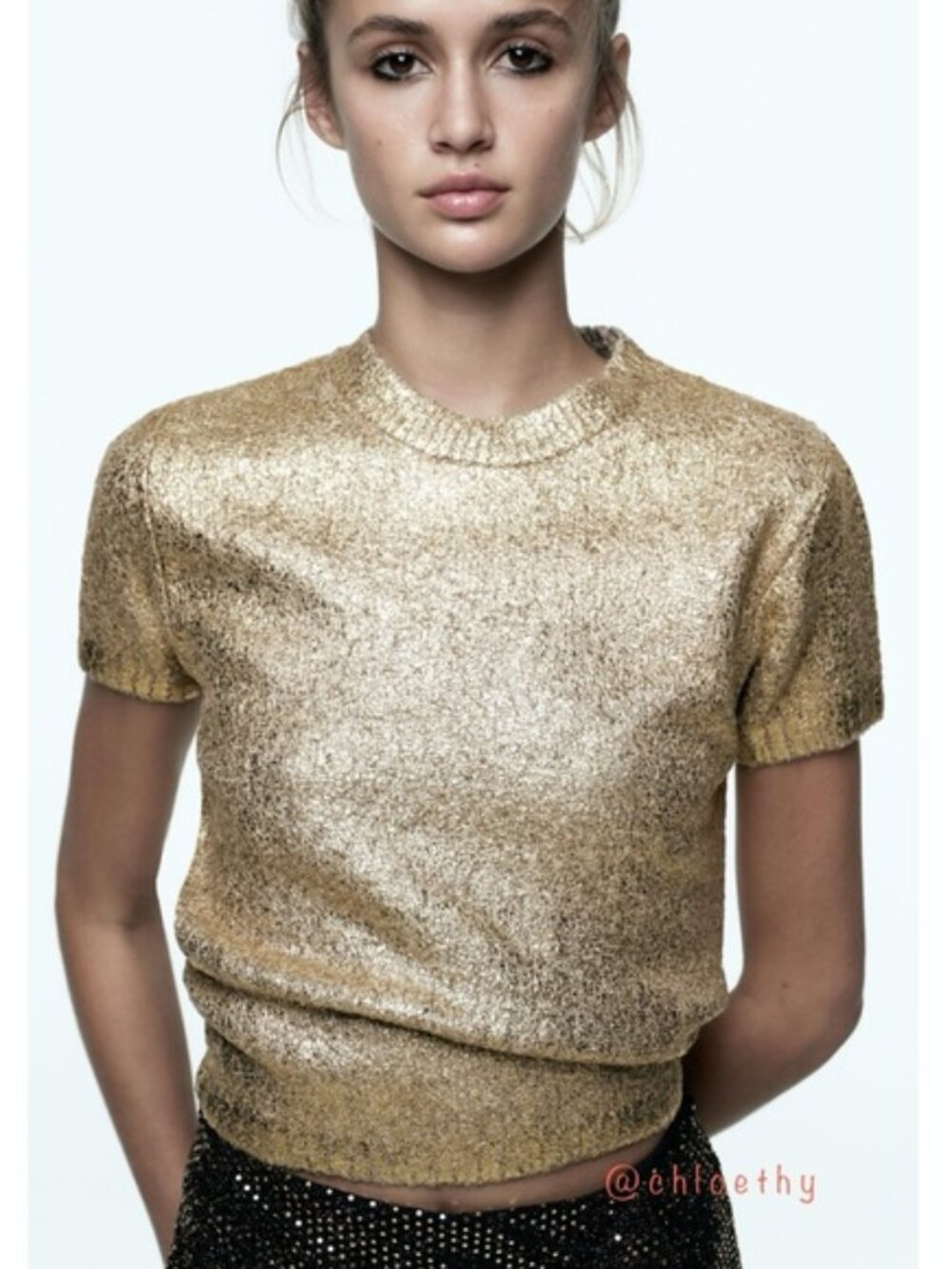 Zara Gold Foil Metallic Boucle Knit Top M